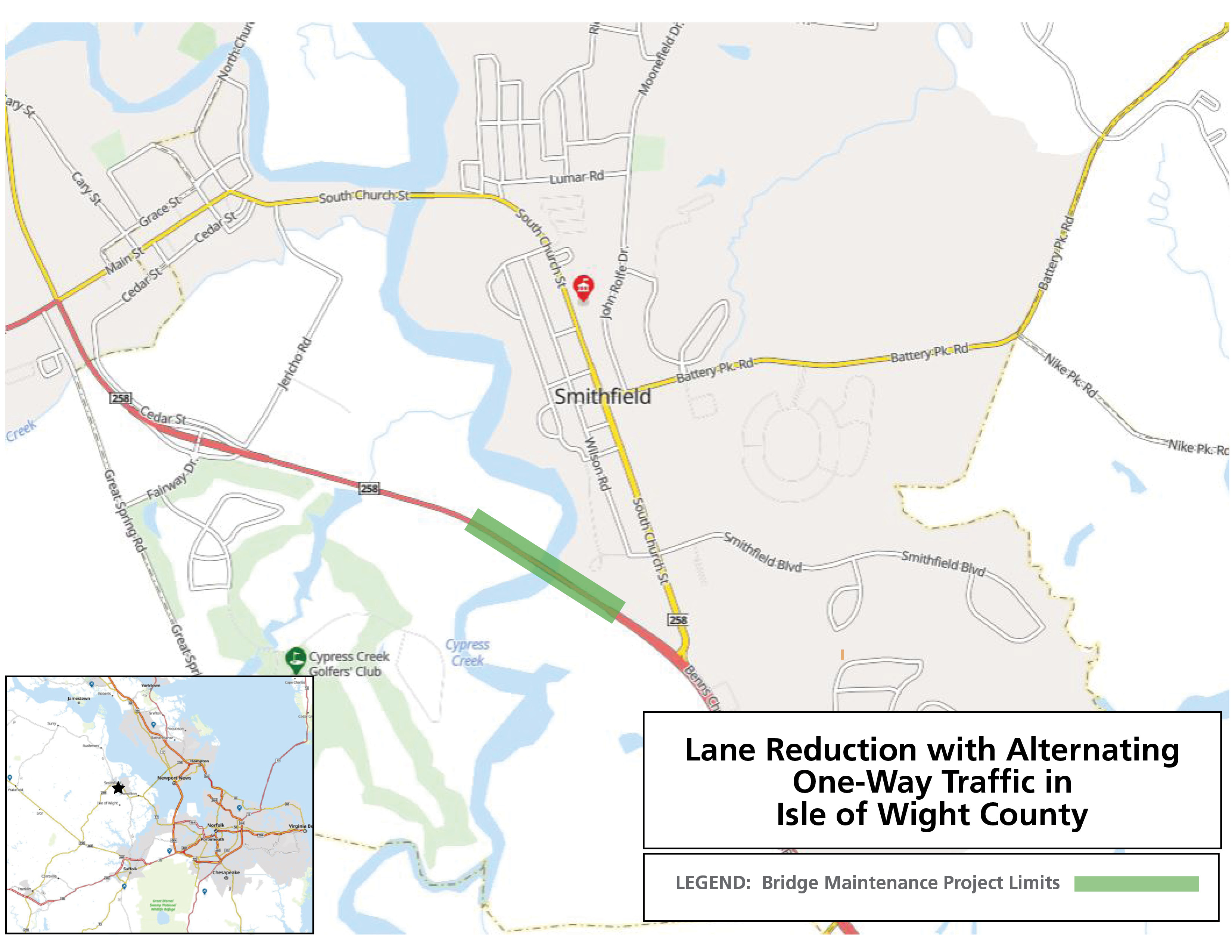 Alternating one-way traffic scheduled along the Route 10 Bypass (Route 258/10) over Cypress Creek in Isle of Wight County. 