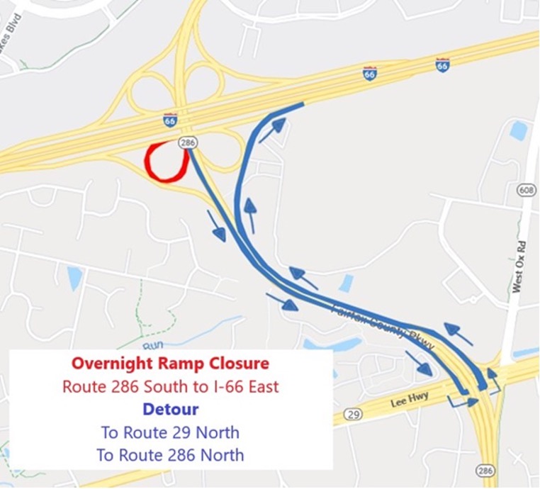 Overnight Closure of Ramp from Route 286 (Fairfax County Parkway) South to I-66 East Planned Tomorrow Night, Saturday, September 9