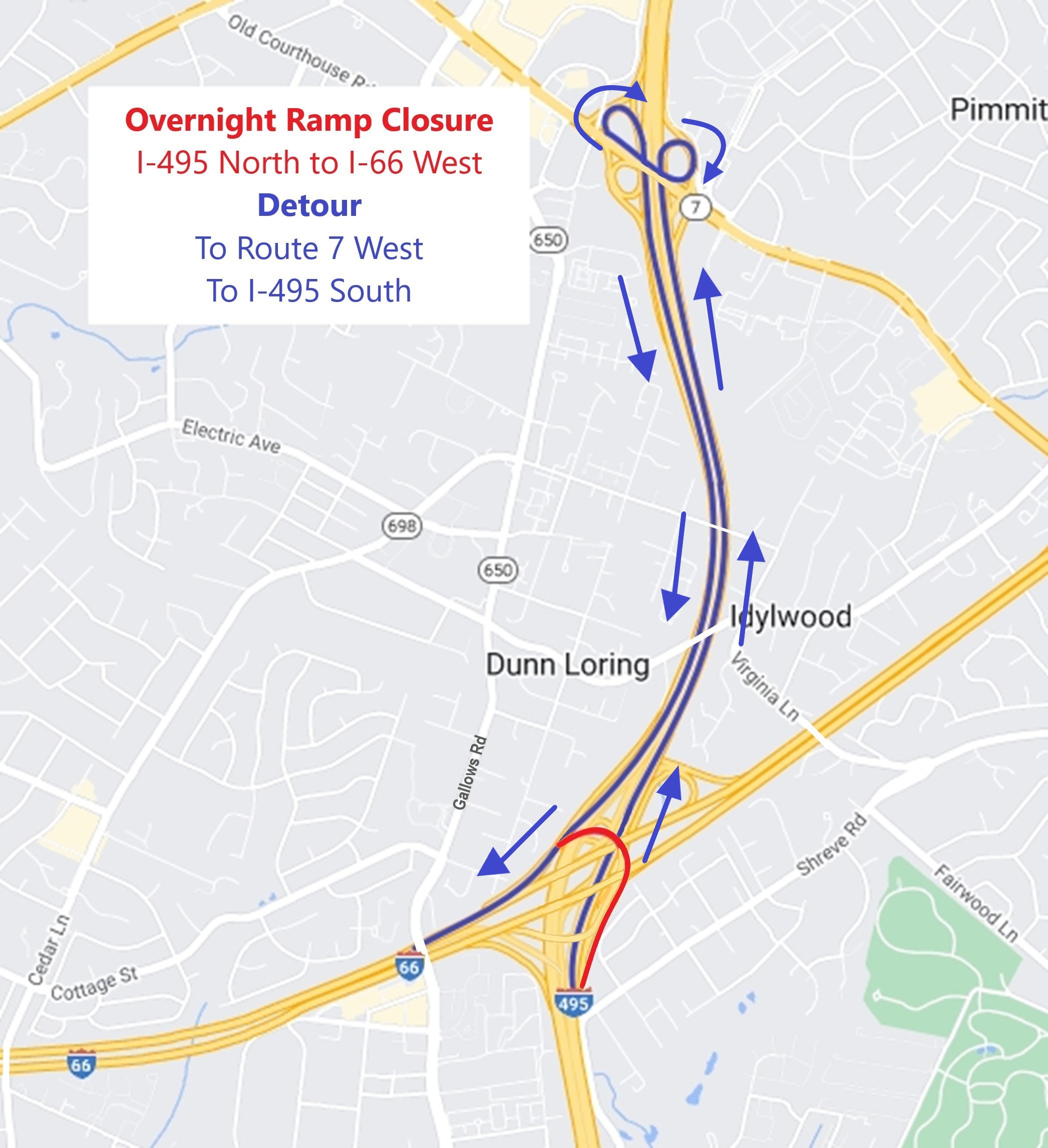 Detour map for ramp closure