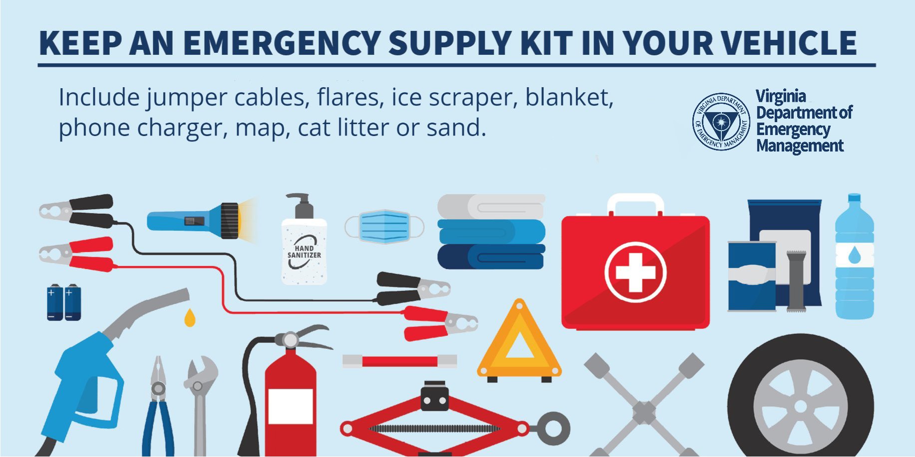 keep an emergency kit with the items that appear on this graphic 